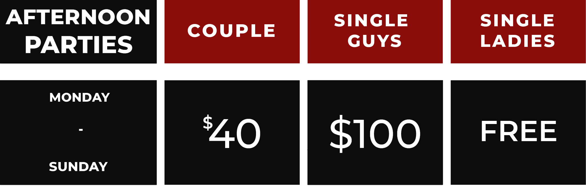 Table Afternoon Pricing